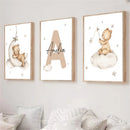 Axyaa Custom Bear Canvas Print with Personalized Name for Nursery Wall Art
