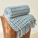 Axyaa Vintage Tassel Blue Plaid Blanket Throw Bedspread Sofa Cover