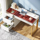 Axyaa Glass Top Writing Desk with Drawers, 47 Inch Modern Home Office, White/Gold