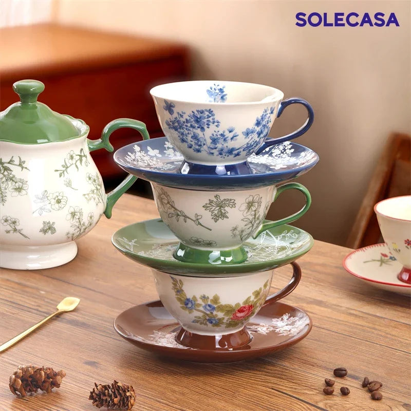 Axyaa Retro Flower Ceramic Coffee Cup&Saucer Set Elegant Teaware