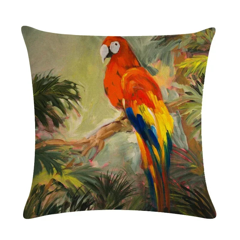 Retro Parrot Oil Painting Pillow Cover for Home Decor by Axyaa