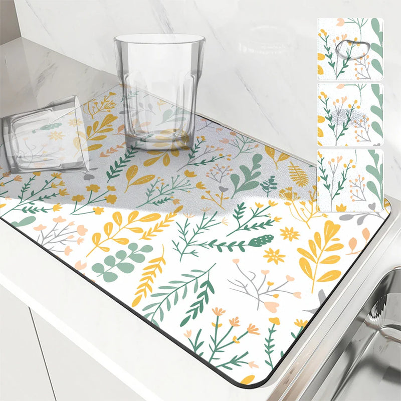 Axyaa Floral Kitchen Drying Mat - Small & Large Absorbent Drain Pad for Coffee & Bathroom