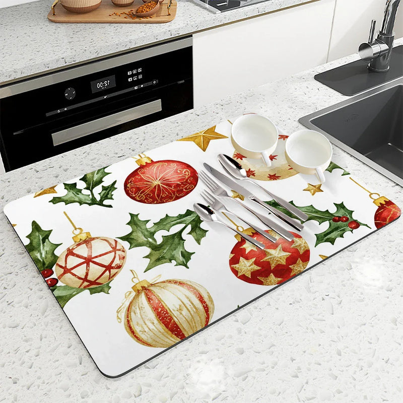 Axyaa Christmas Dish Drying Mat - Heat Resistant Non-slip Kitchen Counter Pad