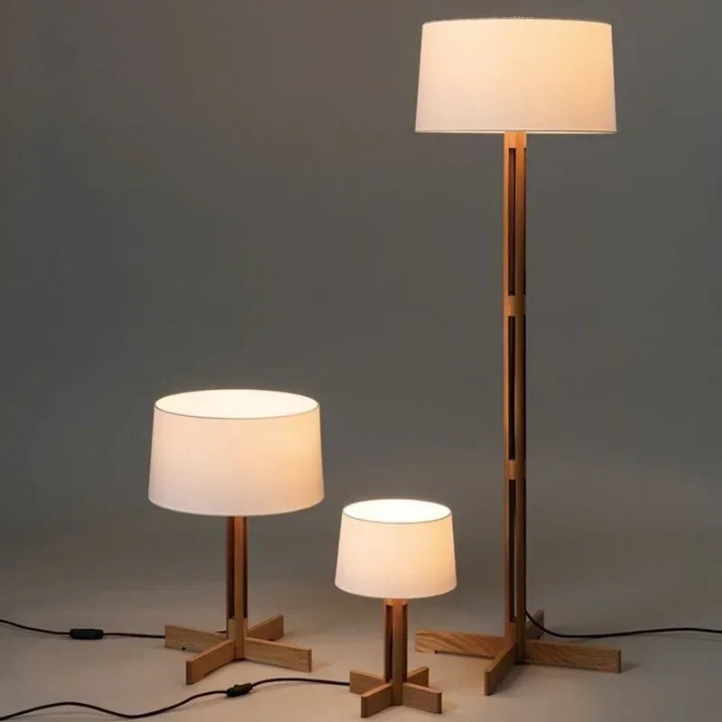 Axyaa Rustic Wood Floor Lamp Japanese Fabric Stand Light