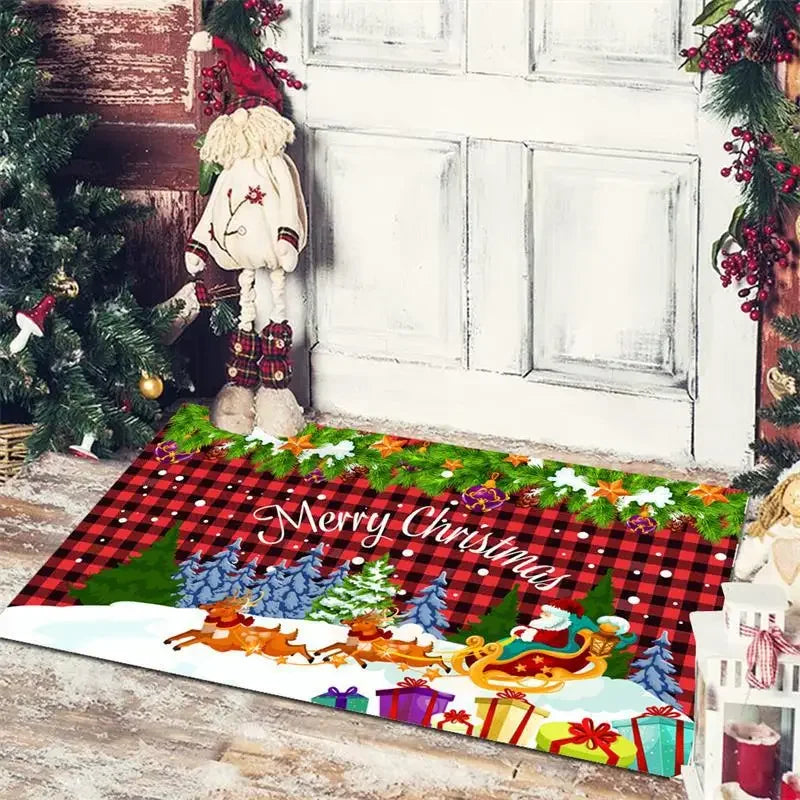 Axyaa Christmas Home Decoration Door Mat with Santa Snowman Tree Print