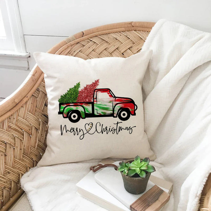 Axyaa Christmas Pickup Trucks Linen Cushion Covers 45x45 for Modern Home Decor