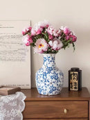 Axyaa Blue and White Peony Ceramic Vase for Living Room Decoration