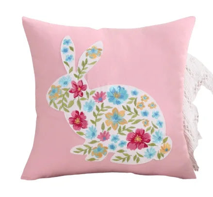 Axyaa Pink Floral White Floral Bunny Embroidered Cushion Cover