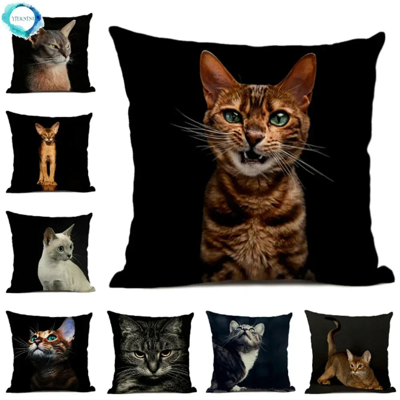 Axyaa Cat Pattern Cushion Cover 45x45cm Linen Pillowcase for Home Sofa Art Decor