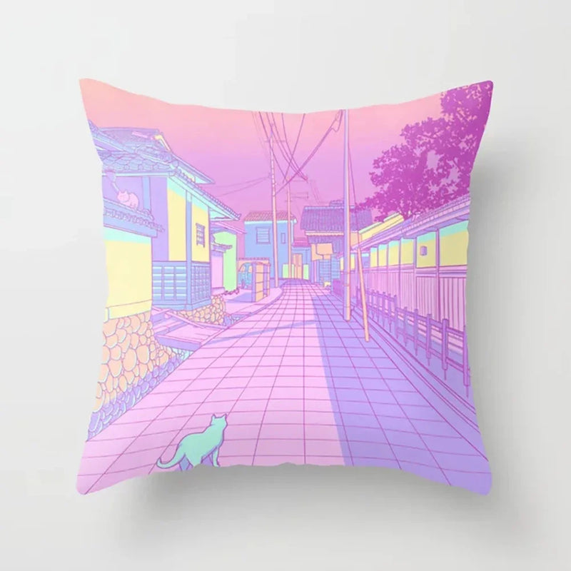 Pink Anime City Print Polyester Pillowcase 45x45cm for Bedroom Living Room by Axyaa.