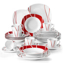 Axyaa Felisa 30-Piece Porcelain Dinner Set in Red Stripes and Ivory White