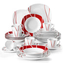 Axyaa 30-Piece Red Stripes Porcelain Dinner Set with Ivory White Finish
