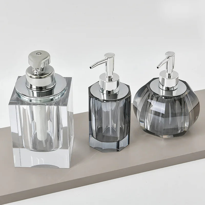 Axya Crystal Bathroom Kit: Soap Bottle, Pump Dispenser, Soap Dish, Toilet Storage Bin