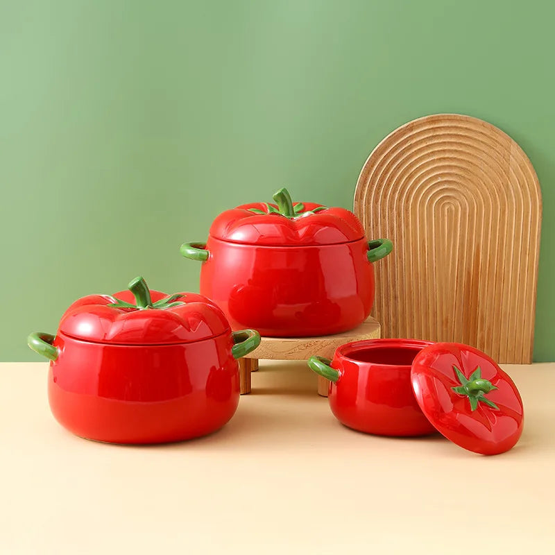 Axya Tomato Soup Bowl Set - Porcelain Binaural Disc Plate & Ceramic Pot