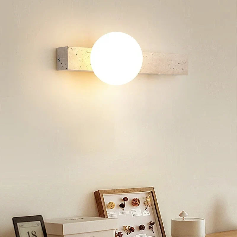Axyaa White Glass LED Wall Sconce Lamp Yellow Travertine Stone Mirror Light