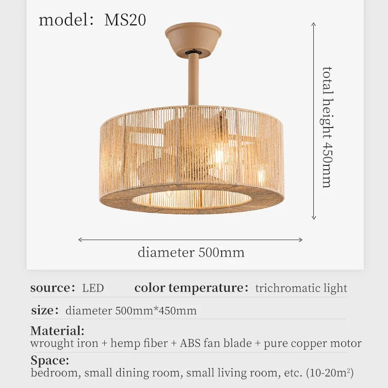 Axyaa Braided Rope Lantern Ceiling Fan with Dimmable Light, 6-speed Reversible Mount