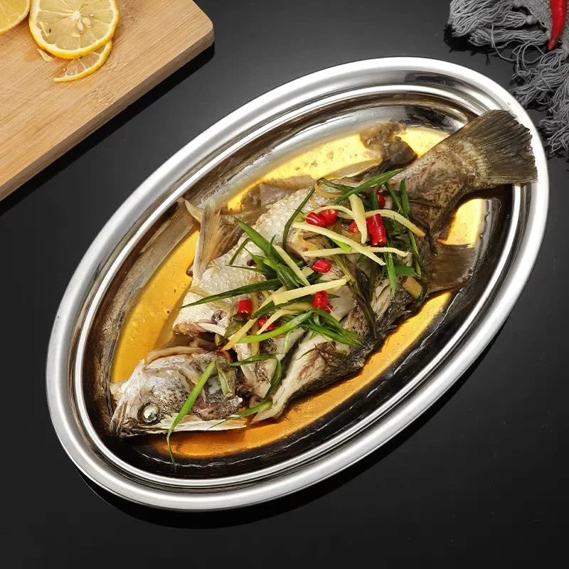 Axyaa Stainless Steel Oval Fish Plate for Dining, Sushi, Snacks, and Desserts