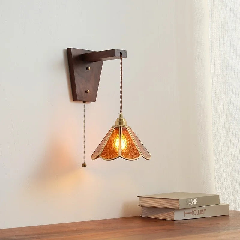 Axyaa Nordic Glass Walnut LED Wall Lights with Pull Chain Switch for Bedroom