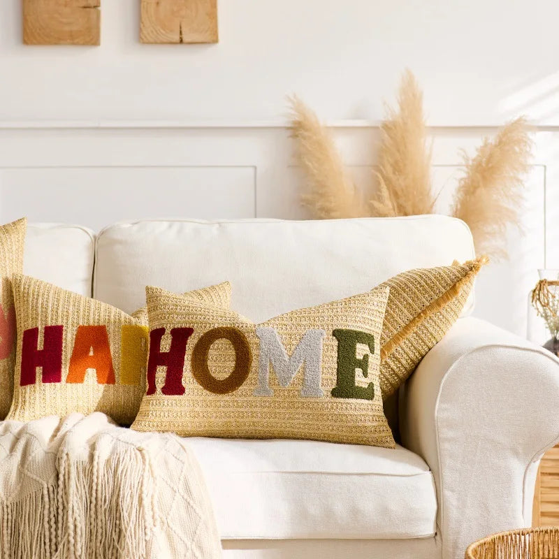 Embroidered Happy Home Pillow Cover by Axyaa for Living Room & Bedroom