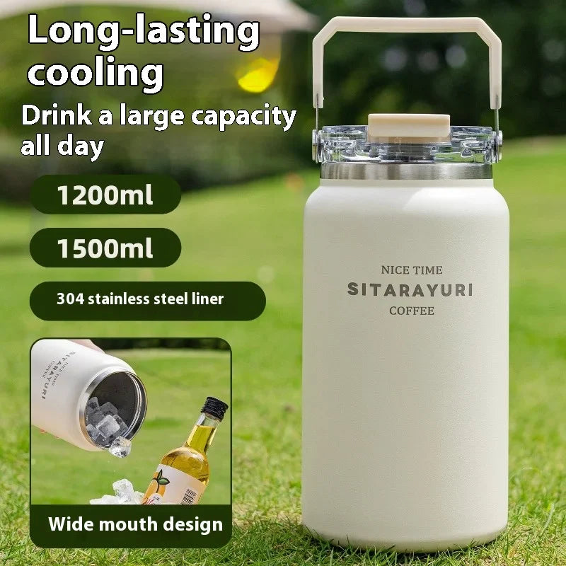 Axyaa Stainless Steel Vacuum Flask Insulated Cup with Handle, Straw, Cold&Hot Thermos Mug.