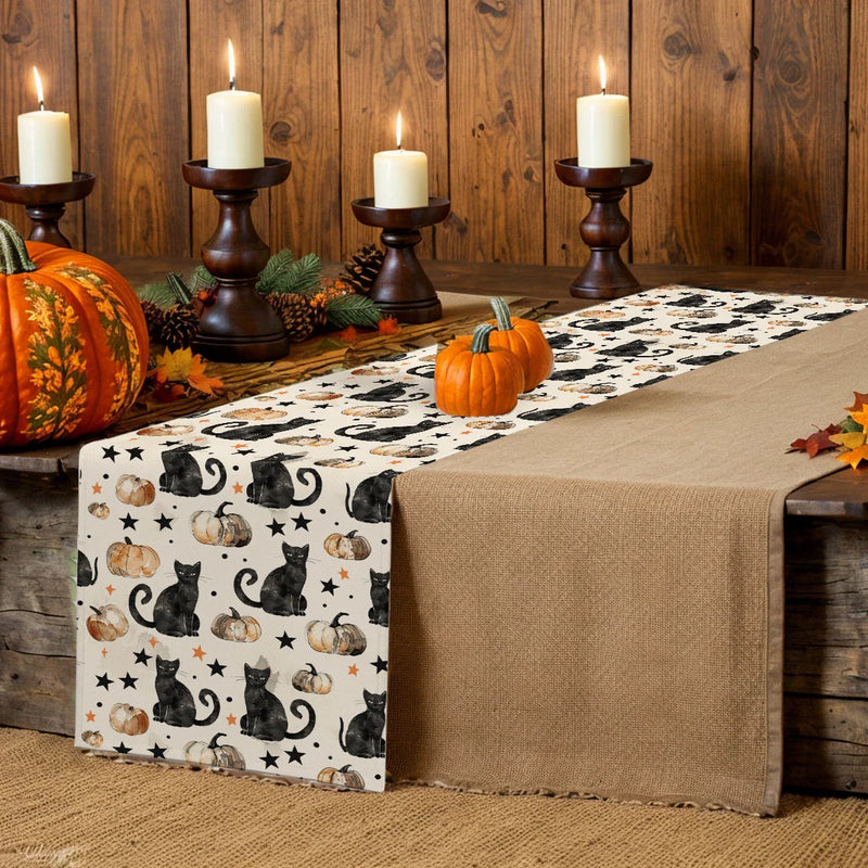 Watercolor Pumpkin Black Cat Table Runner by Axyaa