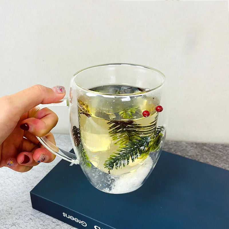 Axya Christmas Tree & Snow Clear Glass Cup Set - 350ml Double Wall Heat-resistant Mug