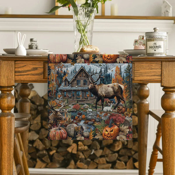 Axyaa Autumn Elk Pumpkin Table Runner for Kitchen Dining Decor