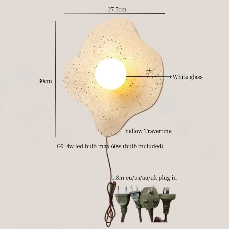 Axyaa Wabi Sabi LED Wall Lamps with Pull Chain Switch, Yellow Travertine Bathroom Mirror Light