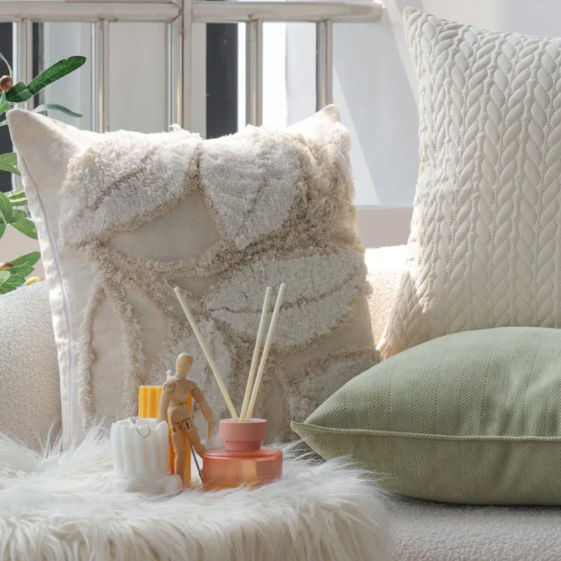 Axyaa Leaves Tufted Cushion Cover - Mori Style Home Decor Pillowcase