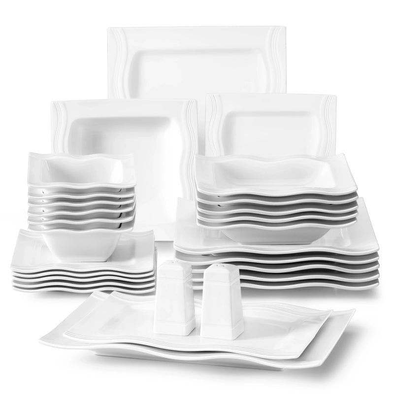 Axya™ 28-Piece White Porcelain Dinnerware Set - Square Plates, Bowls, Salt Pepper Pot