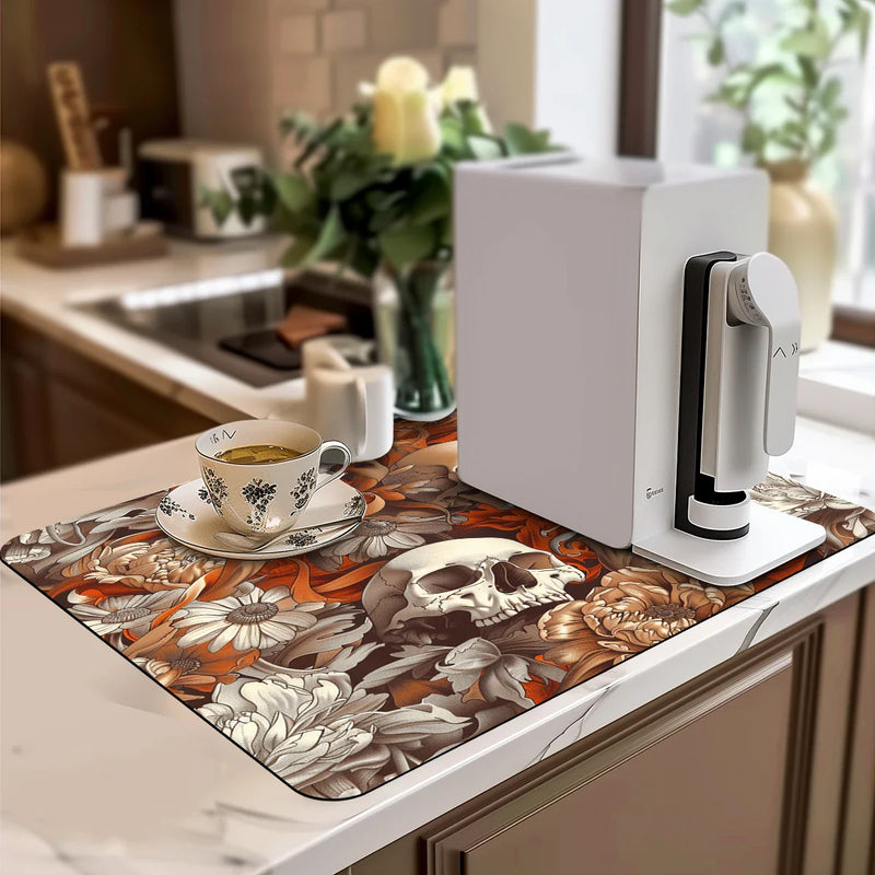 Axyaa Halloween Flower Skull Drying Mat: Non-Slip Absorbent Kitchen Placemat