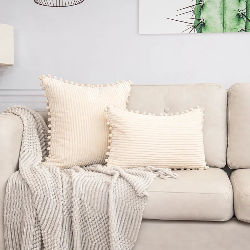 Lumbar Corduroy Boho Cushion Cover with Pom Pom Detail by Axyaa