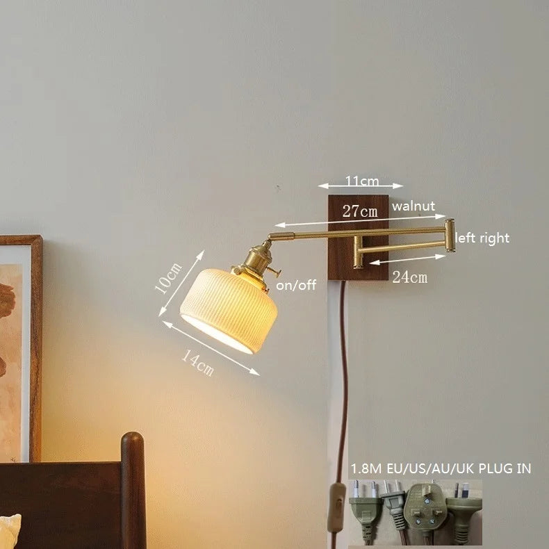 Axyaa Walnut Ceramic LED Wall Lamp with Copper Arm, Rotate, Pull Chain Switch