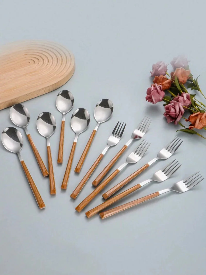 Axyaa 12-Piece Stainless Steel Cutlery Set with Imitation Wood Handle