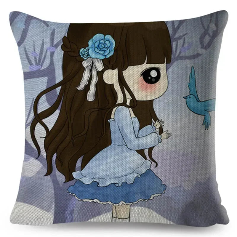 Axyaa Beautiful Girl Pattern Linen Pillowcase for Living Room and Bedroom