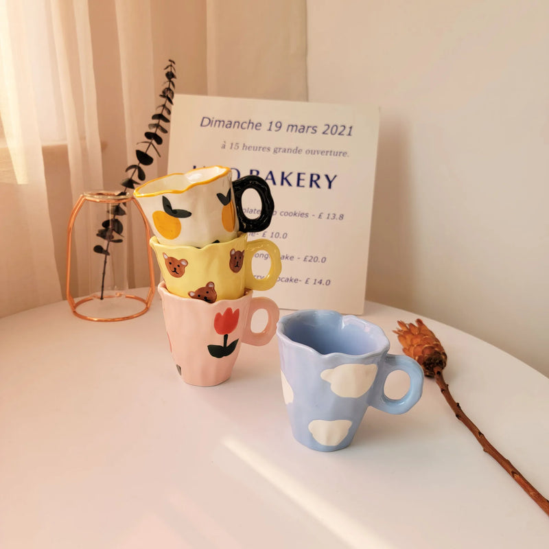 Axya Irregular Wavy Tulip Coffee Mug with Clouds Handle for Children's Breakfast