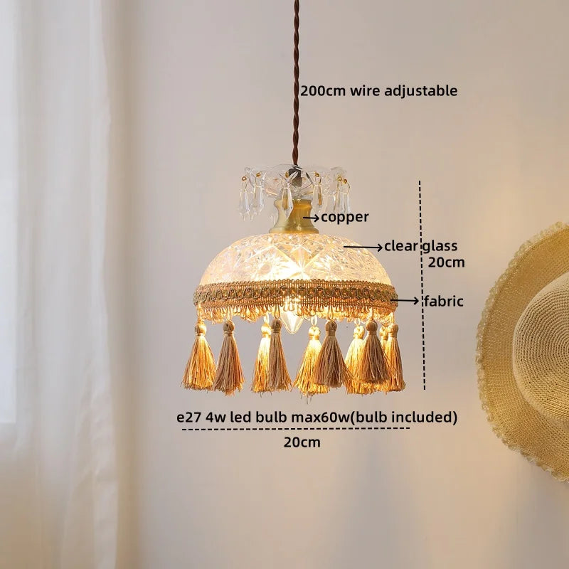 Axyaa Glass Tassels LED Pendant Light for Living Dining Bedroom, American Retro Style