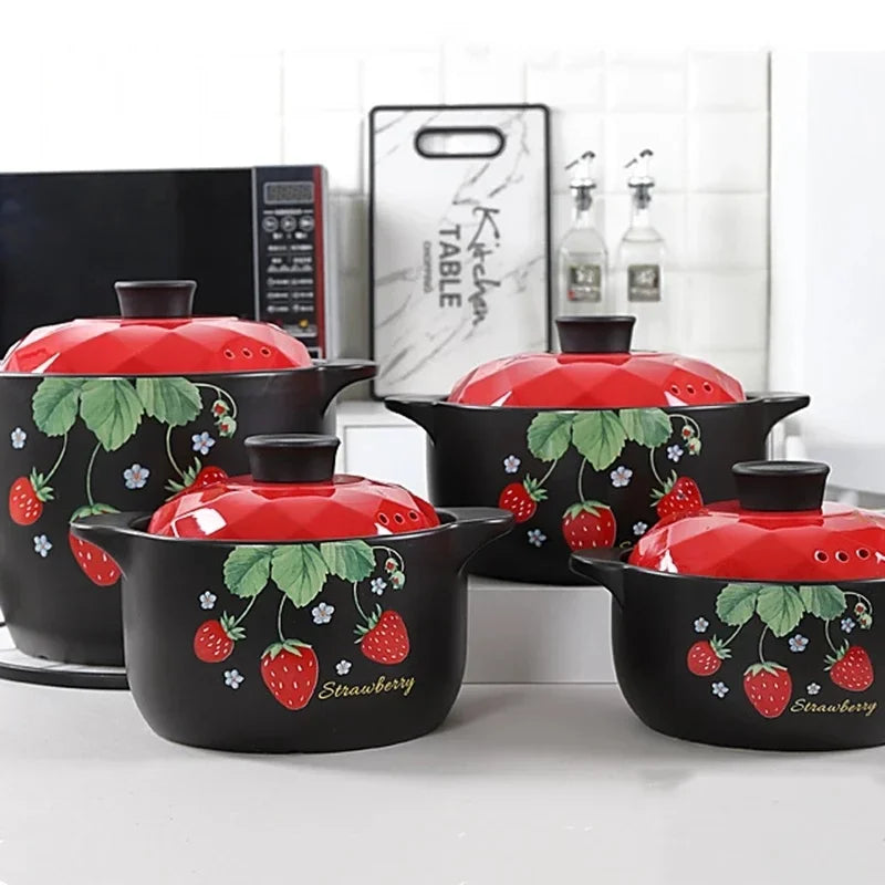 Axya Ceramic Strawberry Casserole Soup Pot - Red Round Kitchenware