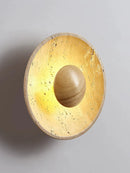 Axya Stone Round Wall Lamp, Retro Japanese Cream Style, Walnut Color for Living Room