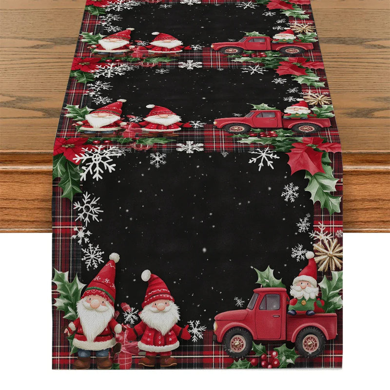 Axyaa Christmas Dwarf Gift Table Runner Holly Poinsettia Farmhouse Decor