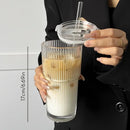 Axyaa Striped Glass Coffee Cup with Lid and Straw - Transparent Drinkware for Juice