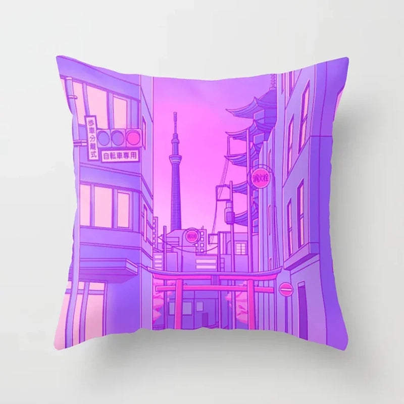 Pink Anime City Print Polyester Pillowcase 45x45cm for Bedroom Living Room by Axyaa.