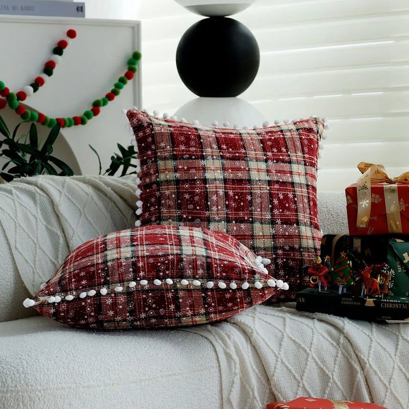 Axyaa Double-Sided Plaid Christmas Cushion Cover with Balls, 45x45 Snow Throw Pillow