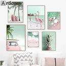 Beach Flamingo Canvas Wall Art by Axyaa - Sea Wave Starfish Shell, Palm Tree, Pineapple