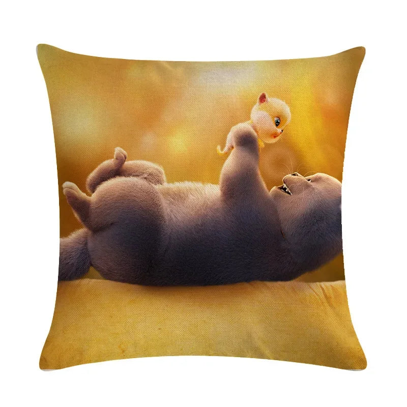 Axyaa Cartoon Cat Linen Pillow Cover for Leisure Sofa Chair Decor 45*45cm