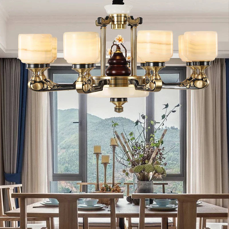 Axyaa Duplex Living Room Chandelier: Elegant Chinese Villa-style Multi-storey Zinc Alloy & Jade Lamps.