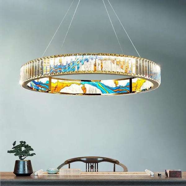 Axyaa Luxury Enamel Color Chandelier Crystal Glass Pendant Light LED Ring for Home Decor
