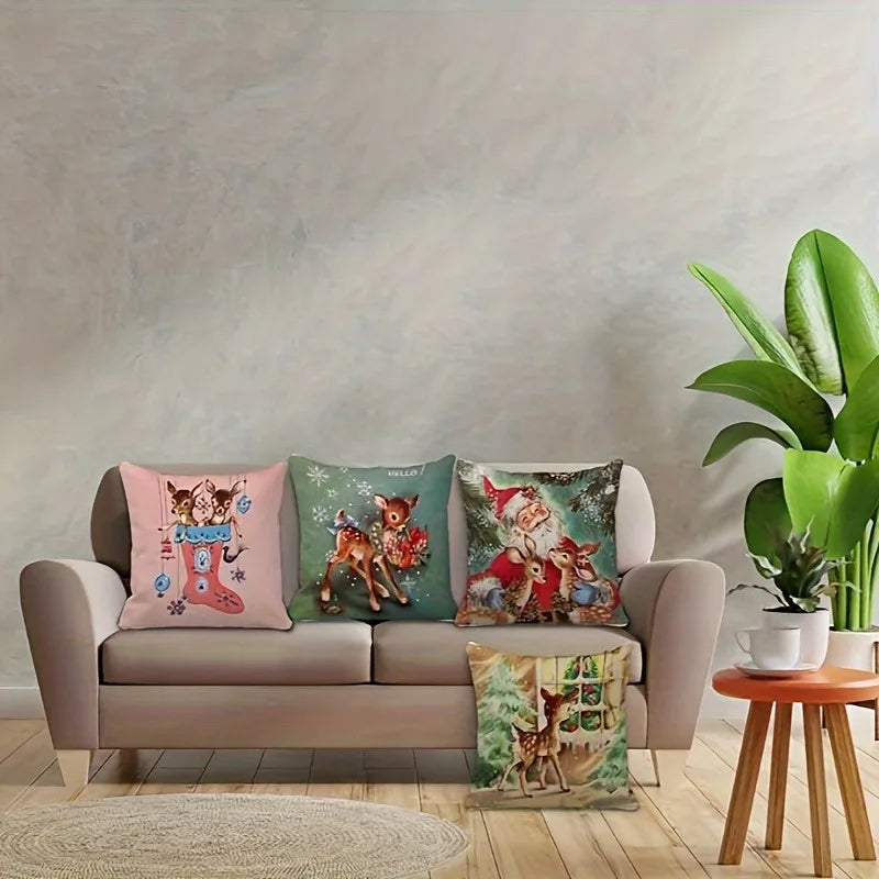 Axyaa Christmas Pillowcase: Santa Claus Fawn Pattern Decoration for Home Sofa