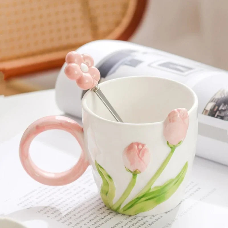 Axyaa Tulip Flower Ceramic Mug: 3D Design, Creative Relief, Ins Style, Coffee Cup