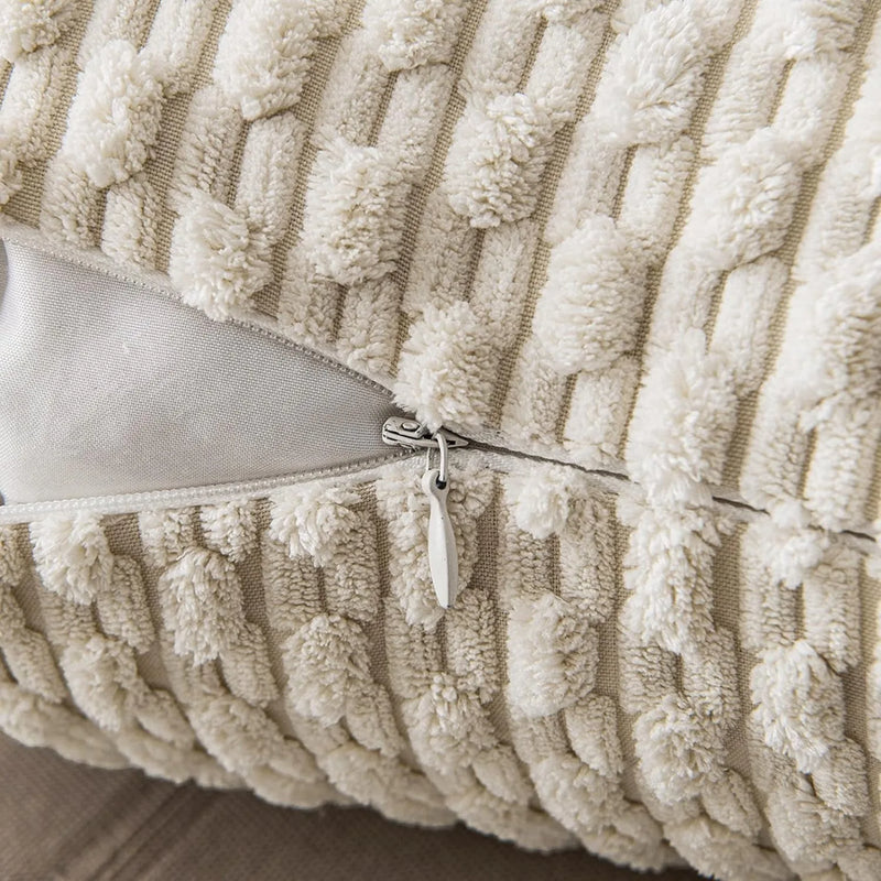 Beige Boho Corduroy Throw Pillow Cover 18x18 Inch for Modern Home Decor by Axyaa